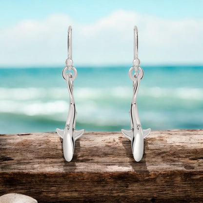 Shark Earrings for Women Sterling Silver- Shark Drop Earrings, Sterling Silver Shark Dangle Earrings, Gifts for Shark Lovers, Shark Charm Earrings - Big Blue