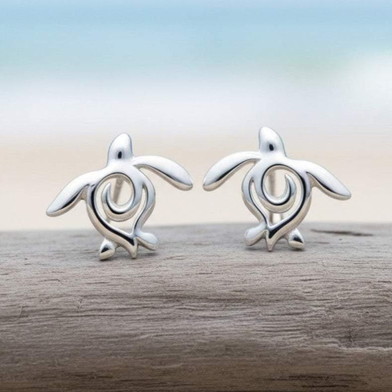 Sea Turtle "Honu" Post/Stud Earrings – Ocean Traveler Collection – Sterling Silver - Big Blue