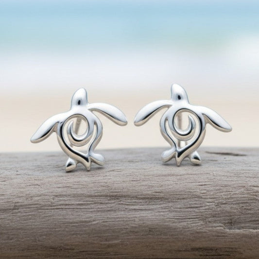 Sea Turtle "Honu" Post/Stud Earrings – Ocean Traveler Collection – Sterling Silver - Big Blue