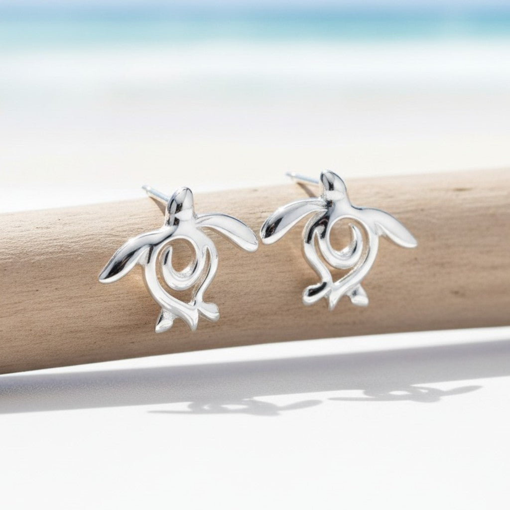 Sea Turtle "Honu" Post/Stud Earrings – Ocean Traveler Collection – Sterling Silver - Big Blue