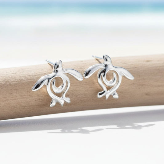 Sea Turtle "Honu" Post/Stud Earrings – Ocean Traveler Collection – Sterling Silver - Big Blue