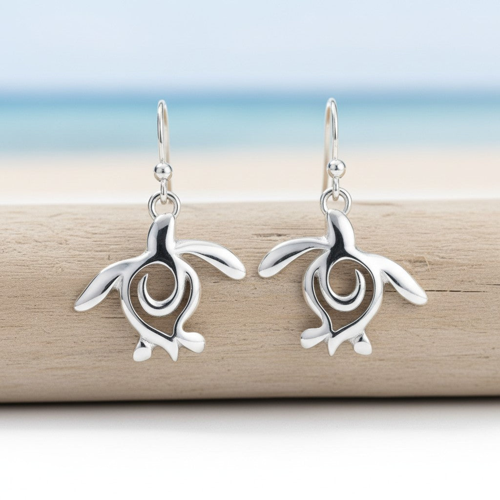 Turtle Drop Earrings – Ocean Traveler "Honu" Collection - Sterling Silver - Big Blue