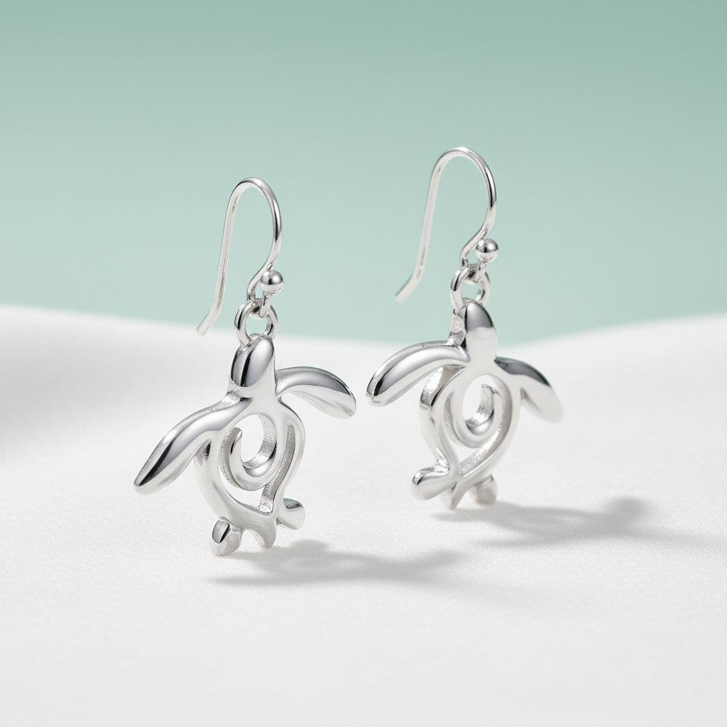 Turtle Drop Earrings – Ocean Traveler "Honu" Collection - Sterling Silver - Big Blue