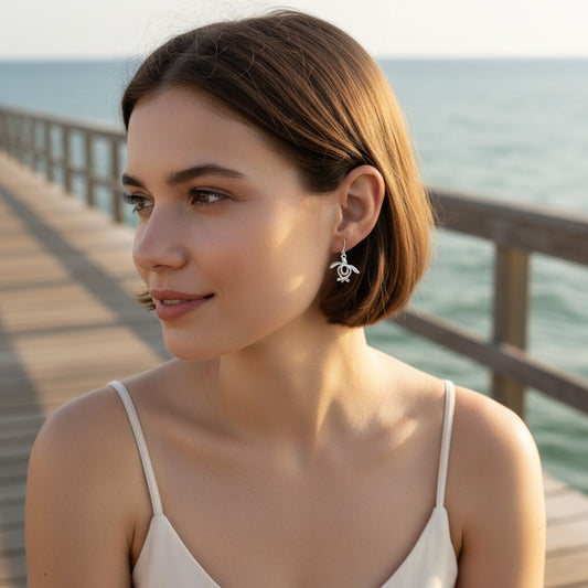 Turtle Drop Earrings – Ocean Traveler "Honu" Collection - Sterling Silver - Big Blue