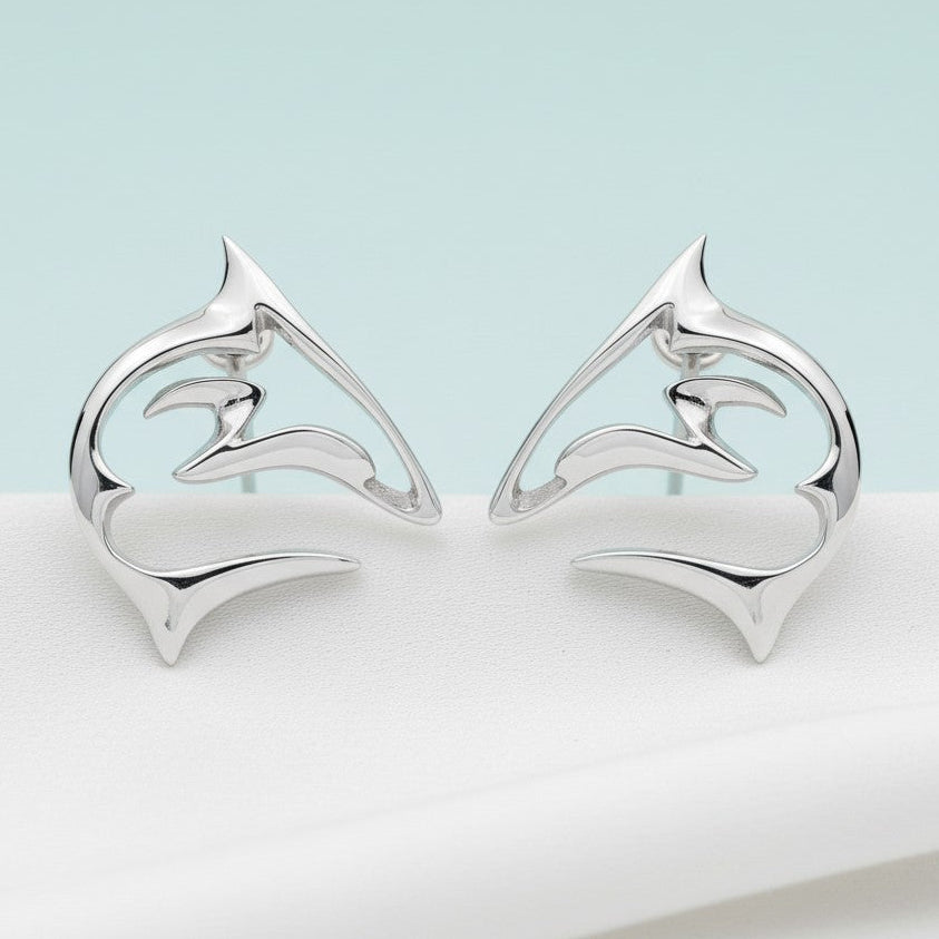 Shark Post/Stud Earrings – “Frenzy” Design – Sterling Silver - Big Blue