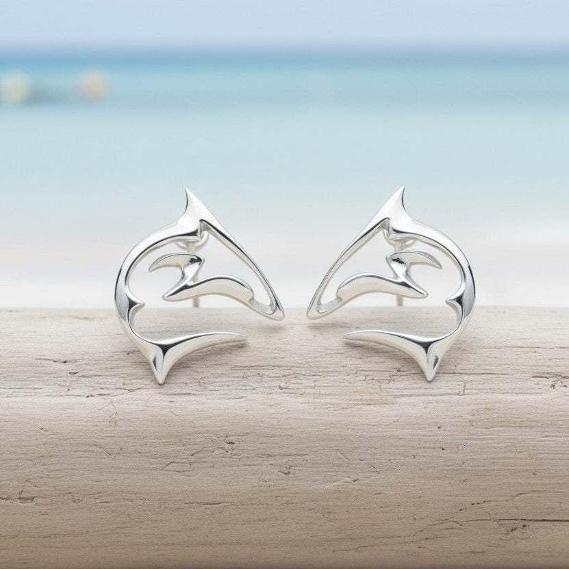 Shark Post/Stud Earrings – “Frenzy” Design – Sterling Silver - Big Blue