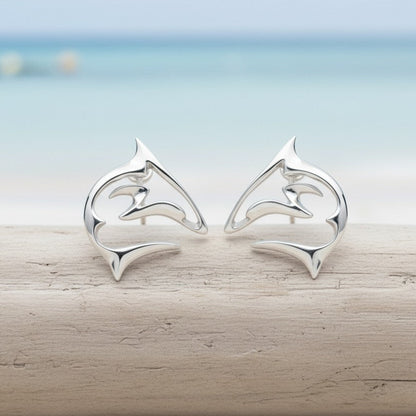 Shark Post/Stud Earrings – “Frenzy” Design – Sterling Silver - Big Blue