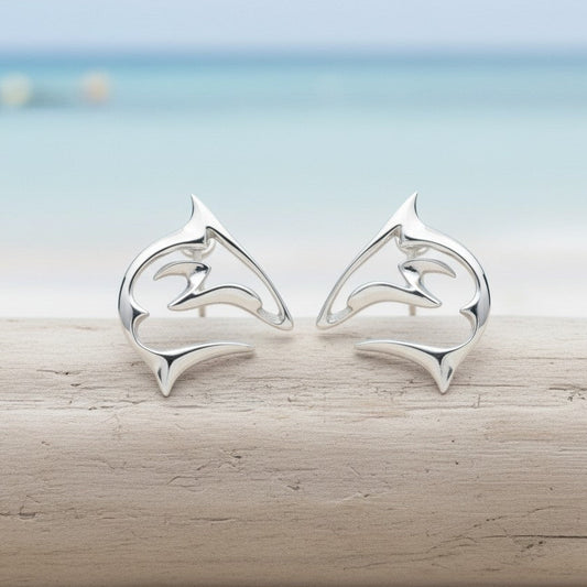 Shark Post/Stud Earrings – “Frenzy” Design – Sterling Silver - Big Blue