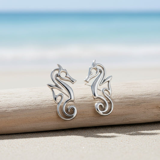 Seahorse Post/Stud Earrings – "Polo" - Sterling Silver - Big Blue