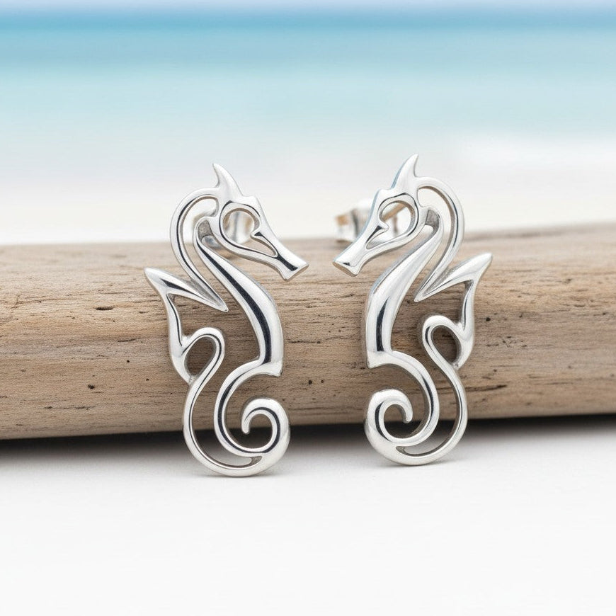 Seahorse Post/Stud Earrings – "Polo" - Sterling Silver - Big Blue