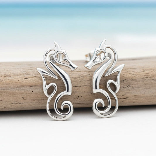 Seahorse Post/Stud Earrings – "Polo" - Sterling Silver - Big Blue