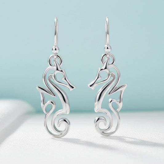 Seahorse Drop Earrings – "Polo" - Sterling Silver - Big Blue