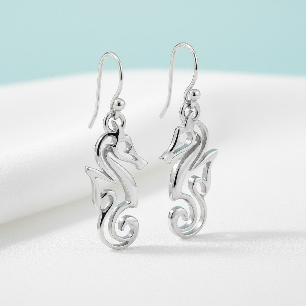 Seahorse Drop Earrings – "Polo" - Sterling Silver - Big Blue
