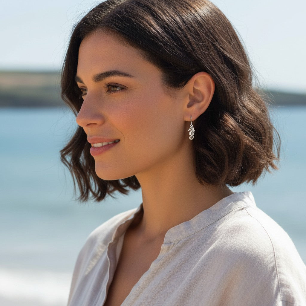 Seahorse Drop Earrings – "Polo" - Sterling Silver - Big Blue