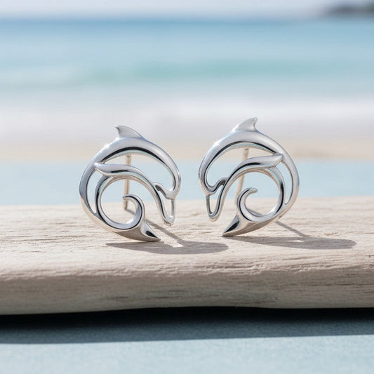 Dolphin Post/Stud Earrings – "Flipper" – Sterling Silver - Big Blue