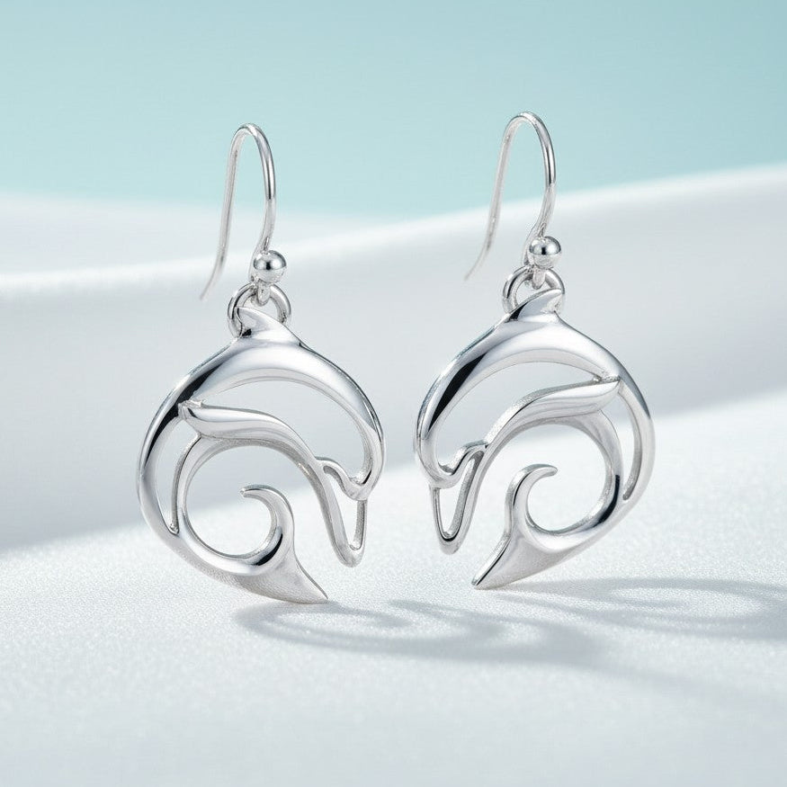 Dolphin Drop Earrings –  "Flipper" - Sterling Silver - Big Blue