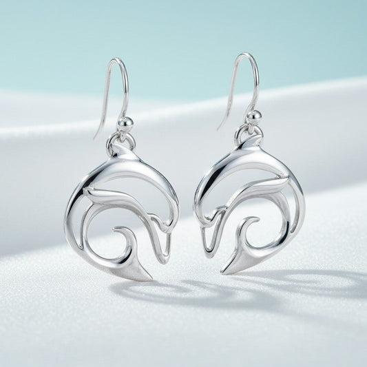 Dolphin Drop Earrings –  "Flipper" - Sterling Silver - Big Blue