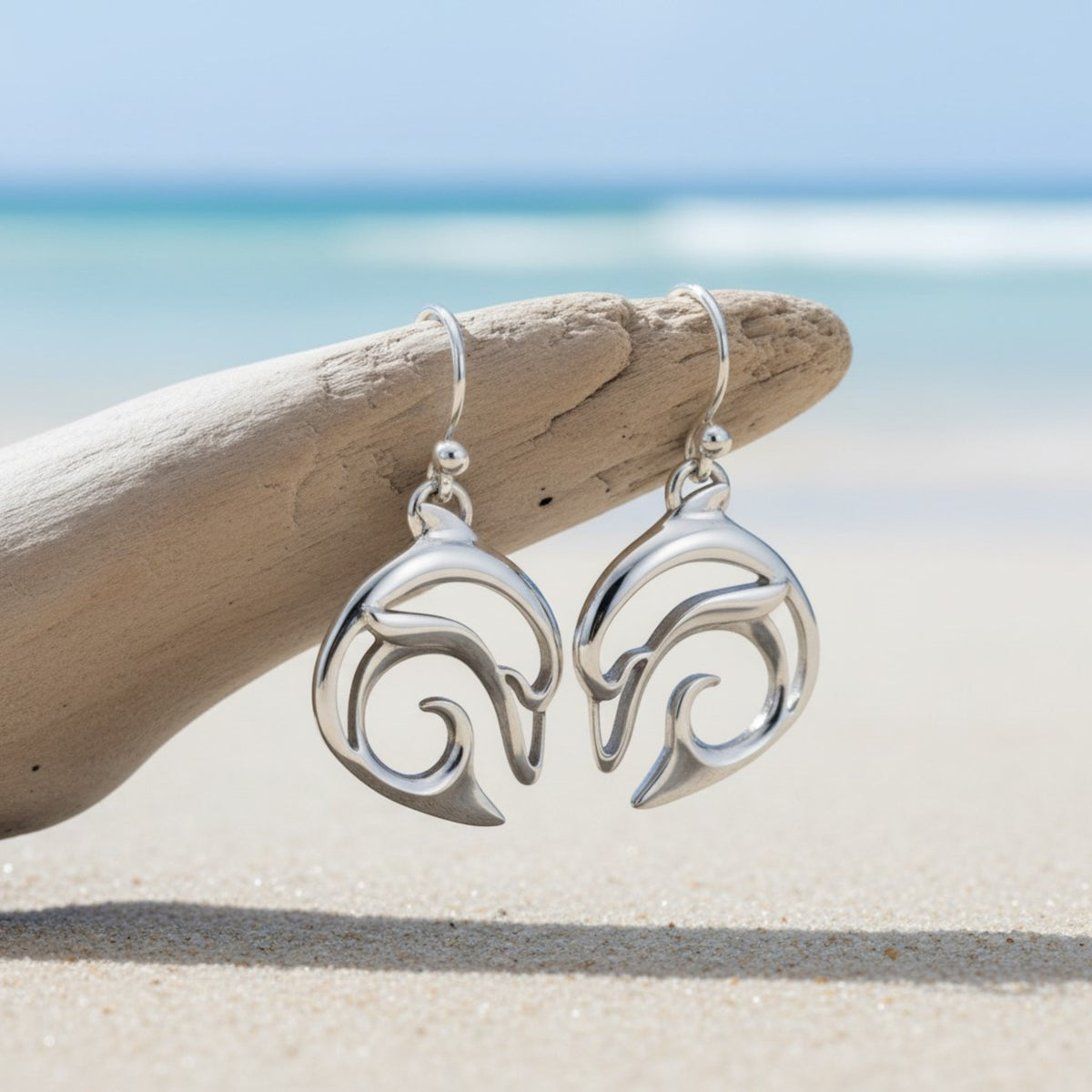 Dolphin Drop Earrings –  "Flipper" - Sterling Silver - Big Blue
