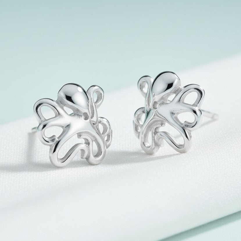 Octopus Post/Stud Earrings - "Leggs" - Silver - Big Blue