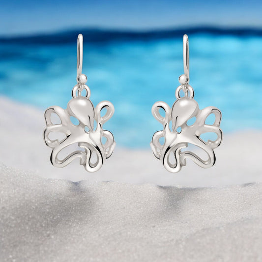 Octopus Earrings Sterling Silver- Octopus Drop Earrings, Dangle Octopus Earrings, Gifts for Octopus Lovers, Octopus Gifts, Sea Life Earrings - Big Blue