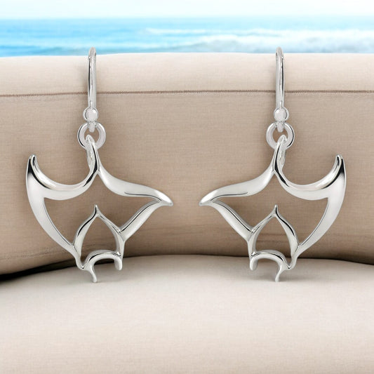 Stingray Drop Earrings Sterling Silver- Manta Ray Dangle Earrings, Stingray Charm Earrings, Manta Ray Dangle Earrings Sterling Silver - Big Blue