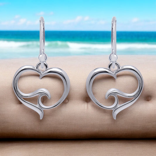 Ocean Wave Heart Drop Earrings Sterling Silver, Sterling Silver Wave Charm Earrings, Heart Dangle Earrings with Ocean Wave Sterling - Big Blue