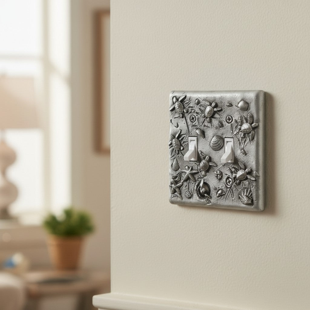 Sea Turtle Hatchlings Double Switch Plate –  Pewter - Big Blue