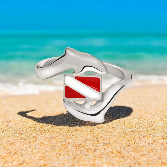 Woman's Scuba Diver Sterling Silver Ring- Ring for Scuba Diver With Dive Flag, Gifts for scuba Divers - Big Blue