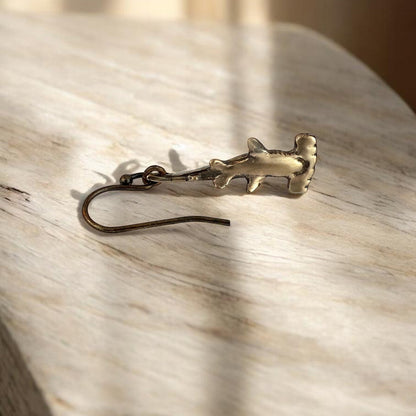 Big Blue by Roland St John bronze hammerhead shark earrings, detailed boho style, perfect for ocean lovers.