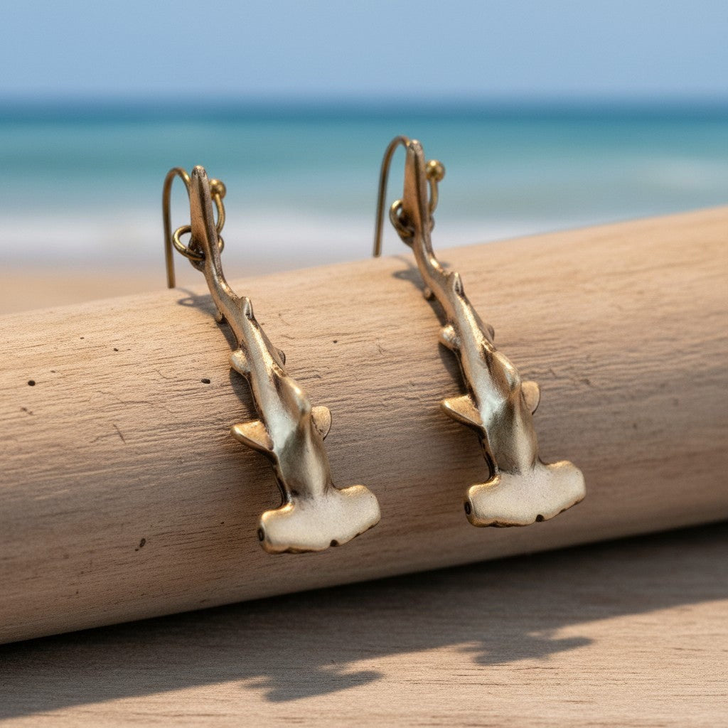 Big Blue by Roland St John bronze hammerhead shark dangle earrings, boho style, detailed 3D design.