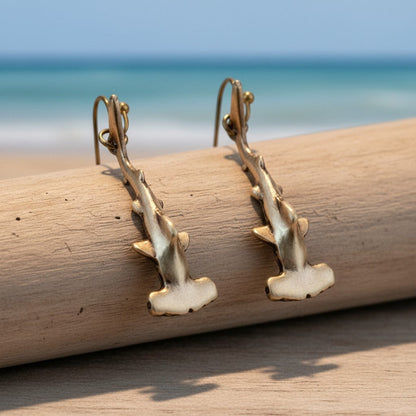 Big Blue by Roland St John bronze hammerhead shark dangle earrings, boho style, detailed 3D design.