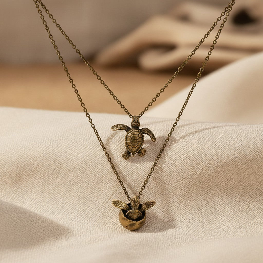 Big Blue by Roland St John layered bronze necklace with two sea turtle pendants, one hatching from an egg.