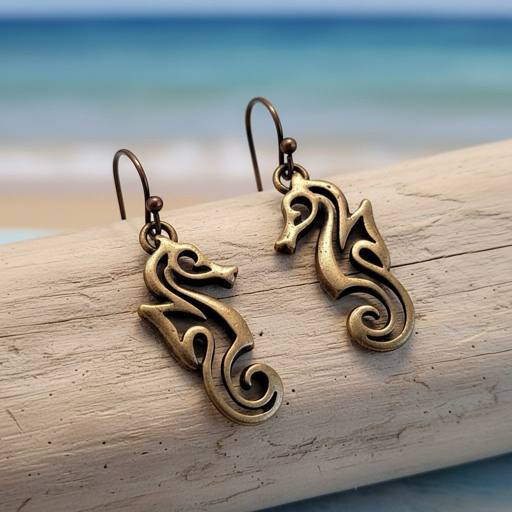 Big Blue by Roland St John bronze seahorse drop earrings with French hooks, detailed and lifelike design.