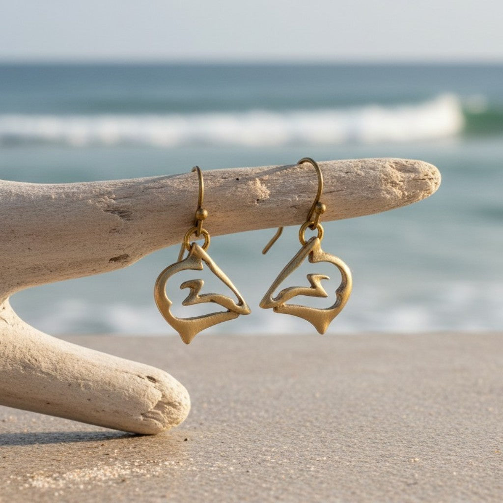 Big Blue by Roland St John bronze shark drop earrings with French hooks, inspired by the ocean.