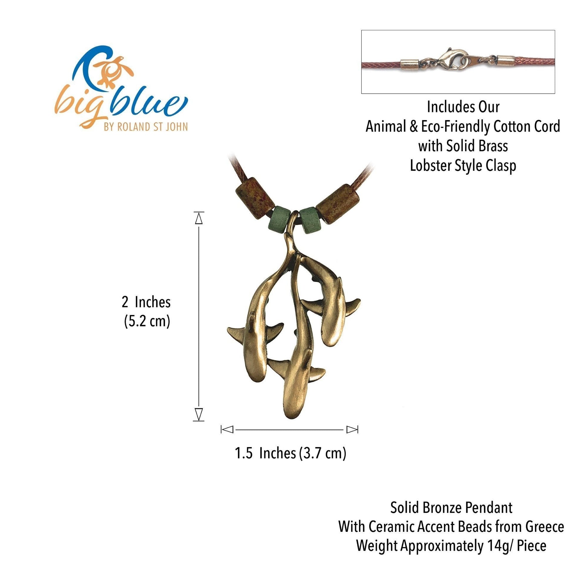 Big Blue by Roland St John bronze pendant necklace with three grey reef sharks and ceramic beads on a braided cotton cord.