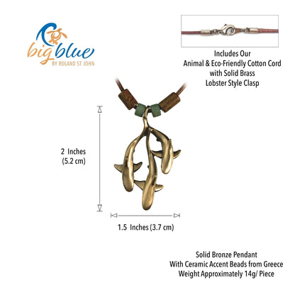 Big Blue by Roland St John bronze pendant necklace with three grey reef sharks and ceramic beads on a braided cotton cord.