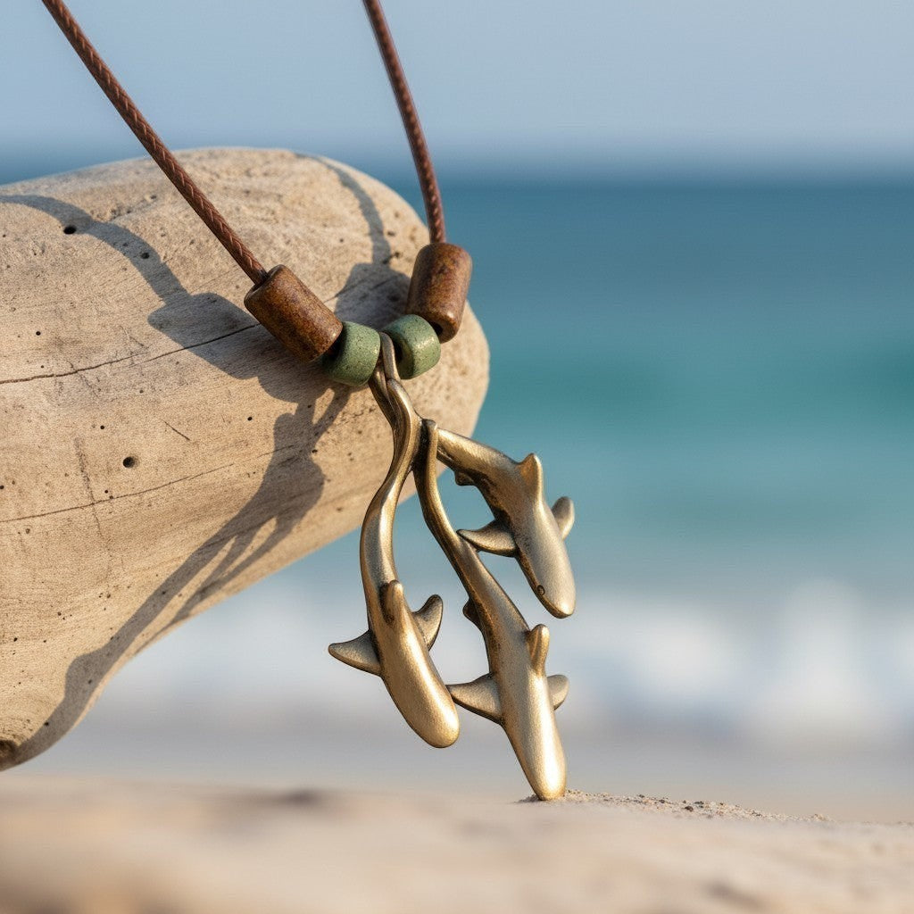Big Blue by Roland St John bronze pendant necklace with three grey reef sharks on a braided brown cotton cord with wooden beads.