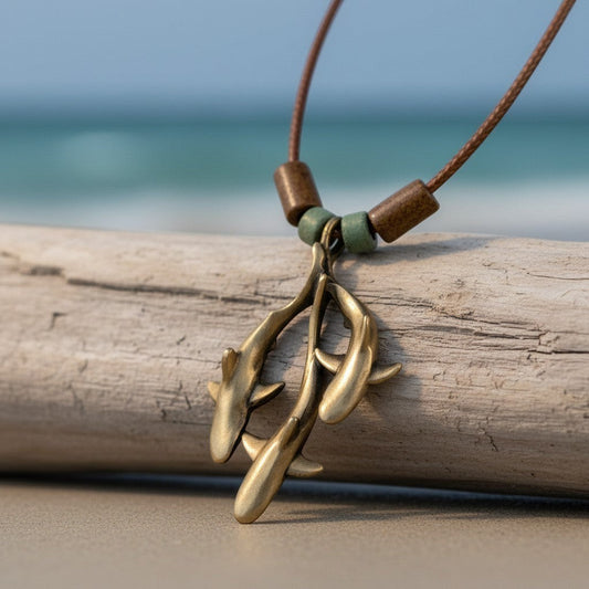 Big Blue by Roland St John bronze pendant necklace with three grey reef sharks and ceramic beads on a braided cord.