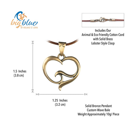 Big Blue by Roland St John bronze heart pendant necklace with wave detail on eco-friendly cotton cord.