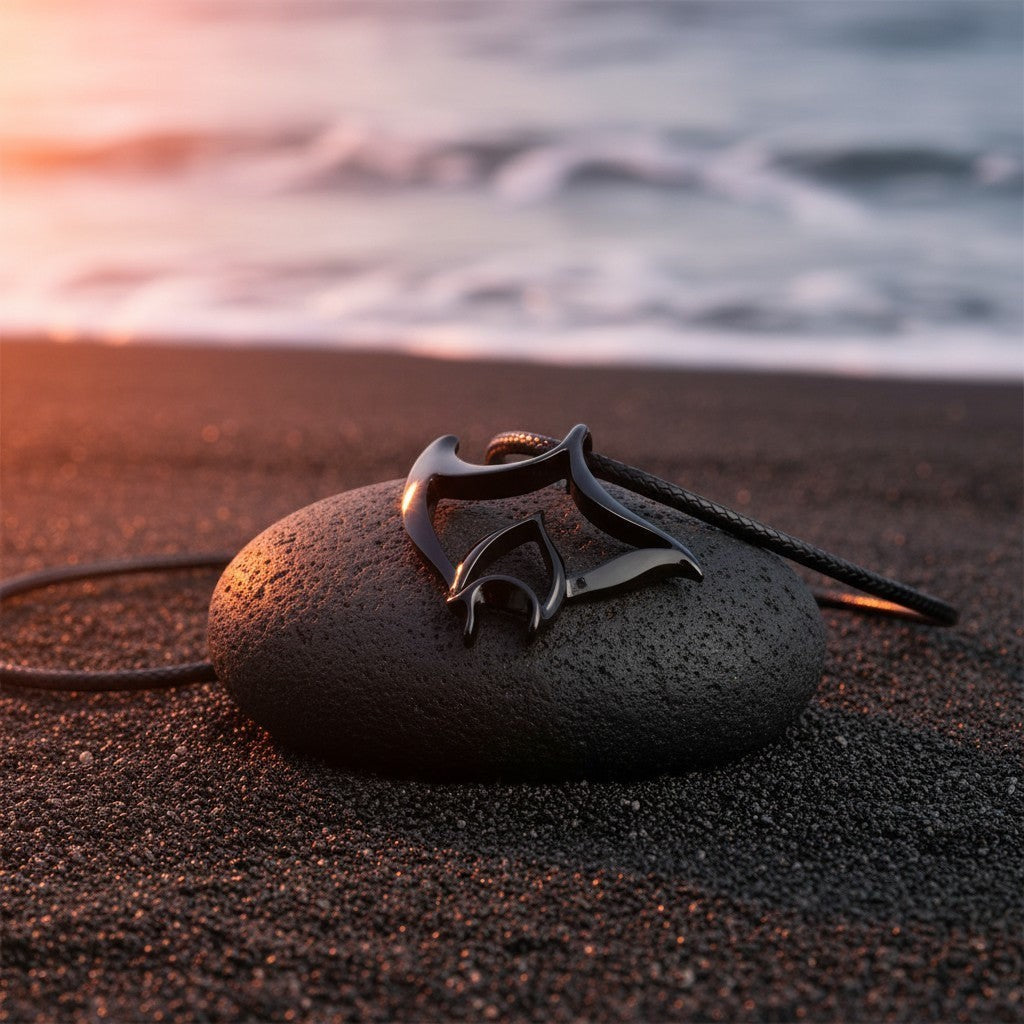 Big Blue by Roland St John jet black manta ray pendant necklace on a dark stone on black sand at sunset.