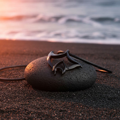 Big Blue by Roland St John jet black manta ray pendant necklace on a dark stone on black sand at sunset.