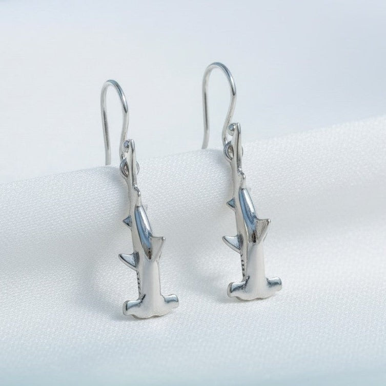 Big Blue by Roland St John sterling silver hammerhead shark dangle earrings, detailed 3D design, 1 inch tall.