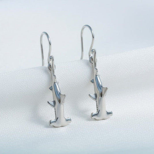 Big Blue by Roland St John sterling silver hammerhead shark dangle earrings, detailed 3D design, 1 inch tall.