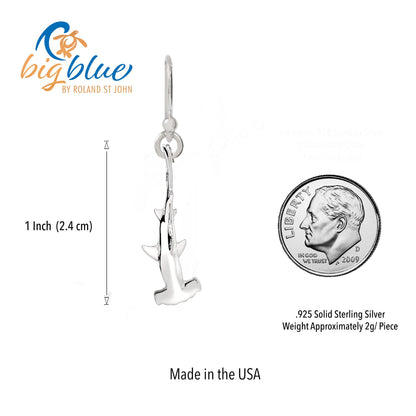 Big Blue by Roland St John sterling silver hammerhead shark earrings, 1 inch tall, detailed 3D design.