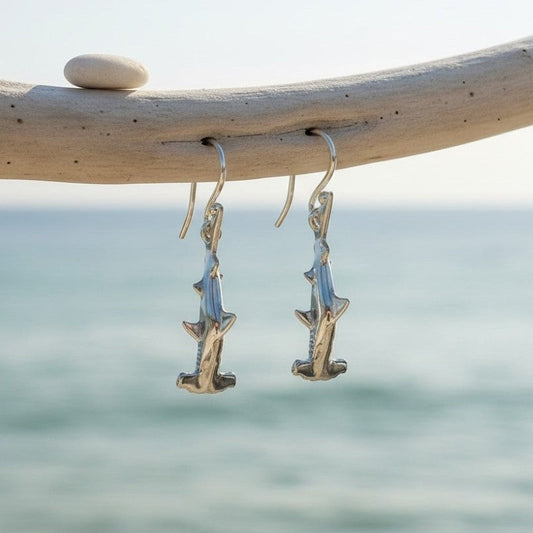 Big Blue by Roland St John sterling silver hammerhead shark dangle earrings, detailed 3D design, 1 inch tall.
