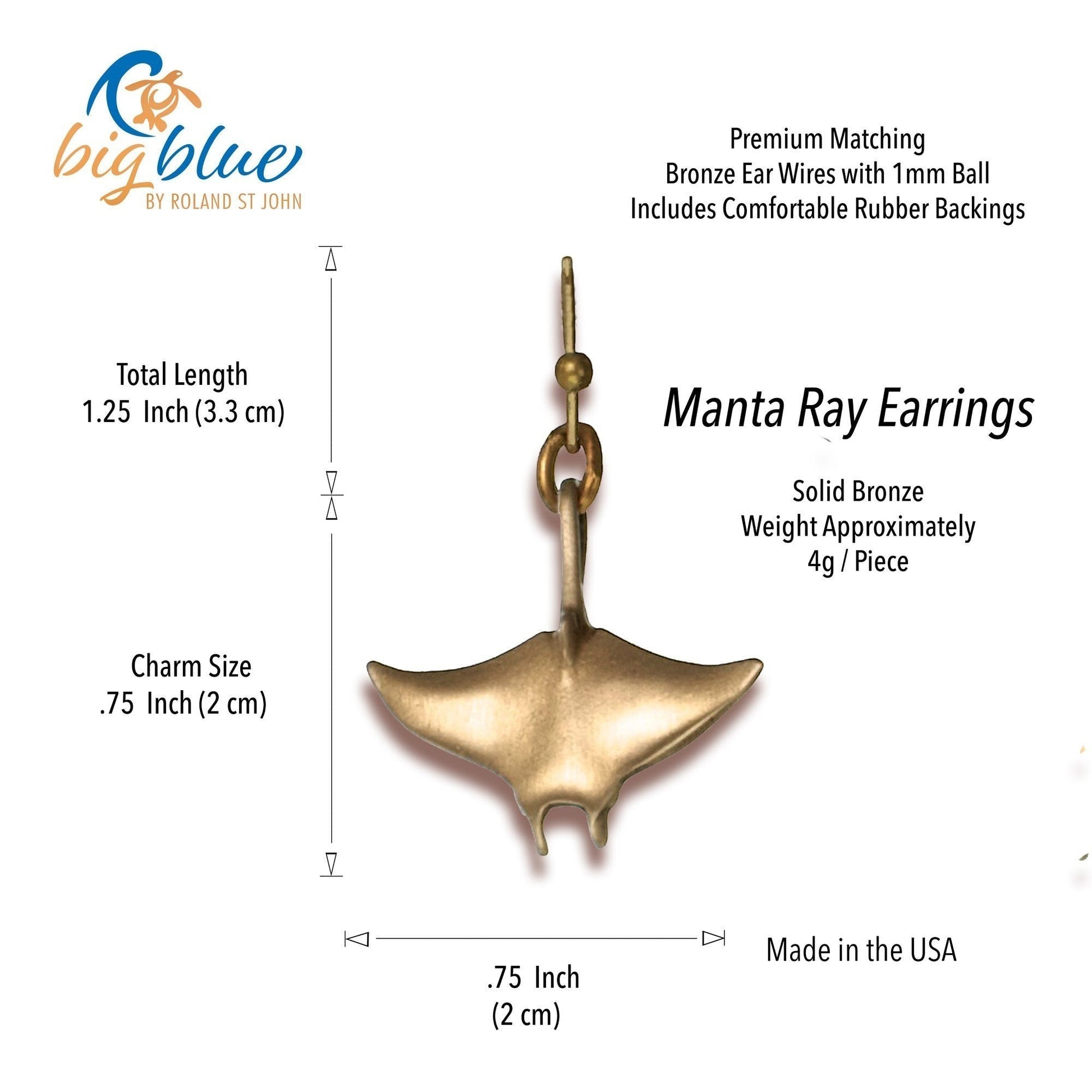 Big Blue by Roland St John bronze manta ray drop earrings, 0.75 inch charm size, 1.25 inch total length. Hypoallergenic and lead-free.