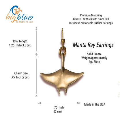 Big Blue by Roland St John bronze manta ray drop earrings, 0.75 inch charm size, 1.25 inch total length. Hypoallergenic and lead-free.