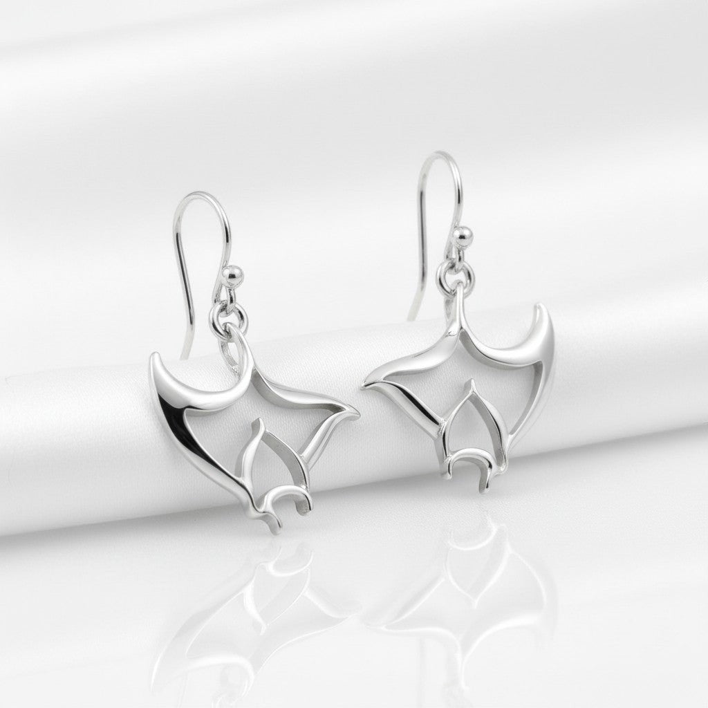 Big Blue by Roland St John "Big Ray" sterling silver manta ray drop earrings with French hook ear wires.