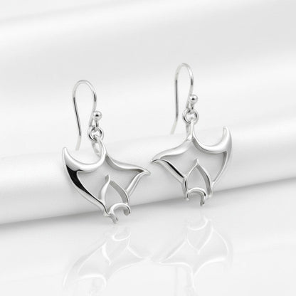 Big Blue by Roland St John "Big Ray" sterling silver manta ray drop earrings with French hook ear wires.