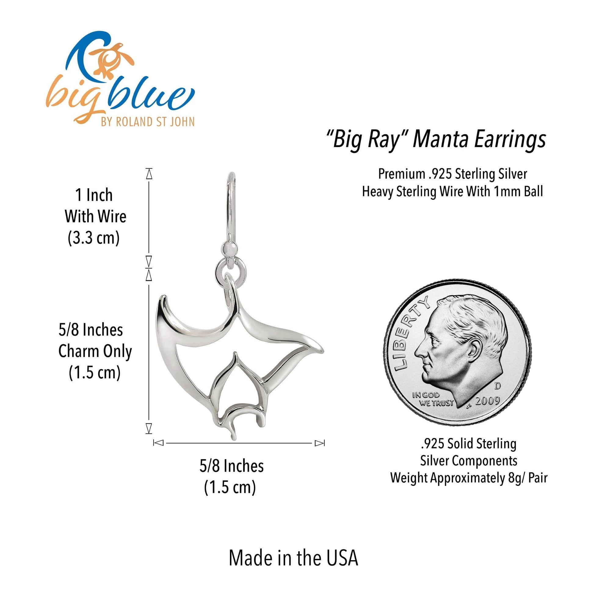 Big Blue by Roland St John "Big Ray" manta ray drop earrings in sterling silver. Realistic design, 1.25 inches with wire.
